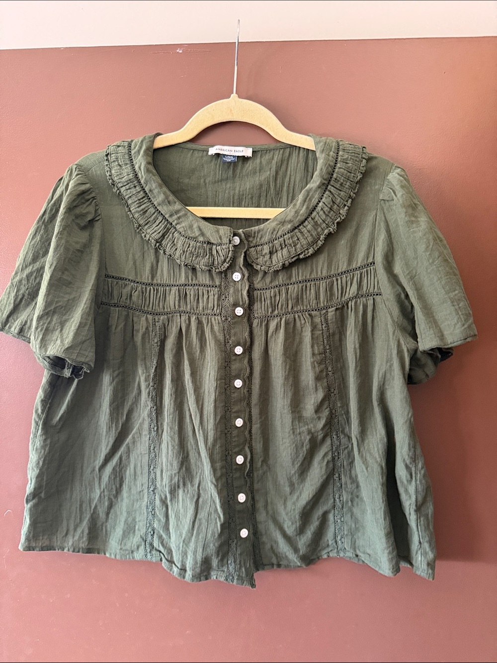 NWOT American Eagle Green 100% Cotton Delicate Collared Blouse